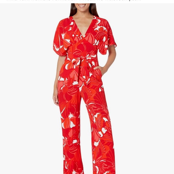 Trina Turk Pants - NWT Trina Turk Red White Floral Jumpsuit Wide Leg Romper Tie Womens 10 | H111